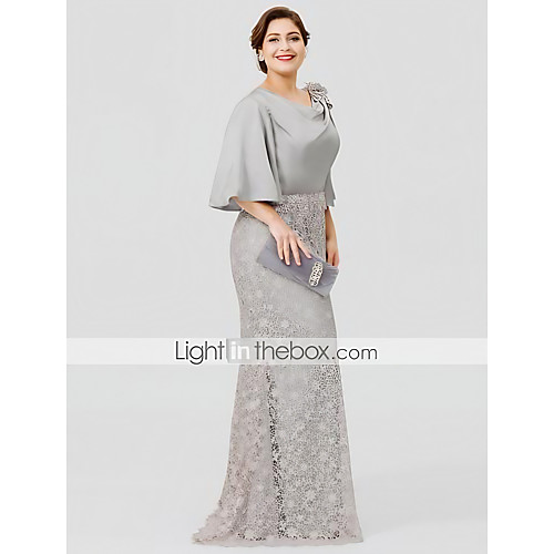 

Mermaid / Trumpet Mother of the Bride Dress Plus Size Sexy Cowl Neck Sweep / Brush Train Satin Chiffon Lace Over Satin Half Sleeve with Appliques 2021