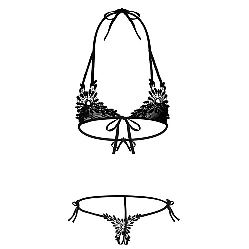

Women's Bra & Panty Set Wireless Strapped Lace Triangle Cup Solid Colored Erotic Halter Neck White