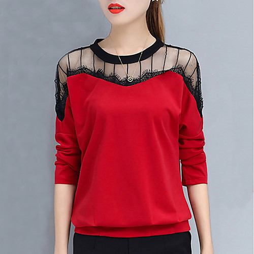 

Women's T shirt Solid Colored Lace Long Sleeve Daily Tops Cotton Active Black Red