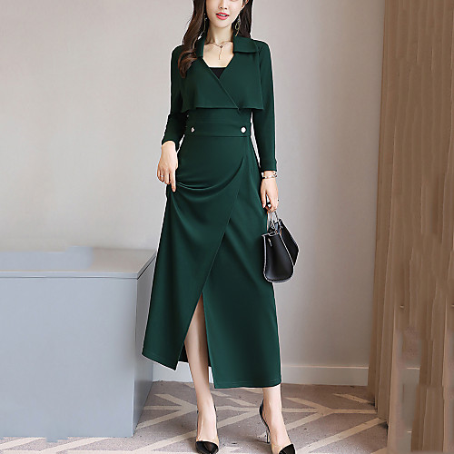 

Women's Sweater Jumper Dress Maxi long Dress Green Black Brown Long Sleeve Solid Colored Split Ruffle Fall Winter Shirt Collar Party Going out S M L XL XXL / Cotton / Cotton