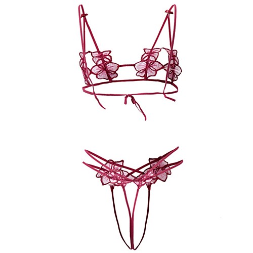 

Women's Bra & Panty Set Wireless Strapped Lace Open Cup Patchwork Erotic Blushing Pink