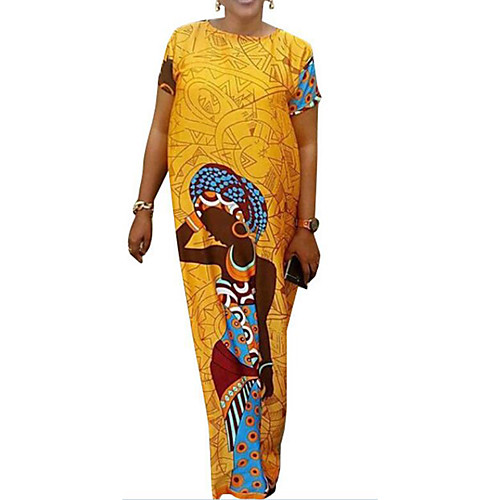 

Women's Sheath Dress Maxi long Dress Yellow Short Sleeve Print Fall All Seasons Round Neck Party Club S M L XL XXL