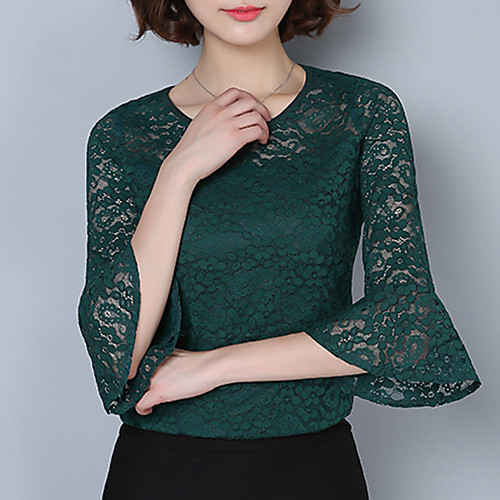 

Women's T shirt Solid Colored Lace 3/4 Length Sleeve Daily Tops White Black Wine