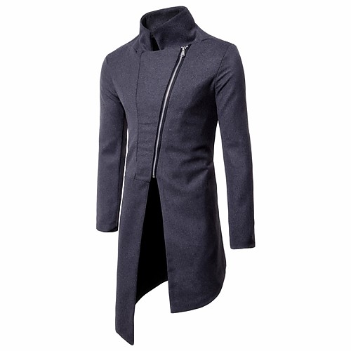 

Men's Coat Daily Fall Winter Long Coat Stand Collar Slim Jacket Long Sleeve Solid Colored Gray Black / Plus Size