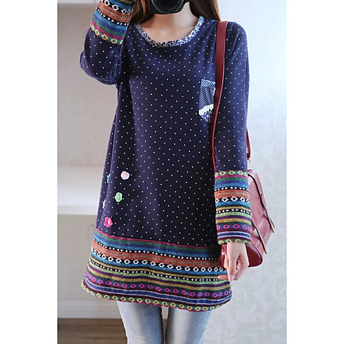 

Women's Shift Dress Short Mini Dress Blue Beige Long Sleeve Polka Dot Print Winter Round Neck Loose M L XL XXL 3XL / Cotton / Plus Size / Plus Size / Cotton