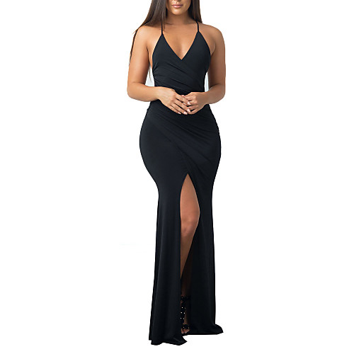 

Women's Strap Dress Maxi long Dress Black Sleeveless Black Solid Colored Backless Criss Cross Split Spring Summer Party Club Beach Skinny Backless S M L XL / Sexy