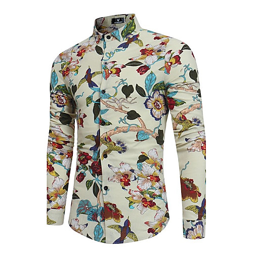 

Men's Shirt Floral Print Long Sleeve Party Slim Tops Boho Classic Collar Gray Black Beige