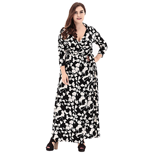 

Women's Plus Size Loose Maxi long Dress - 3/4 Length Sleeve Geometric Cut Out Print Fall Winter V Neck Sophisticated Party Daily Going out Black XL XXL XXXL XXXXL XXXXXL XXXXXXL