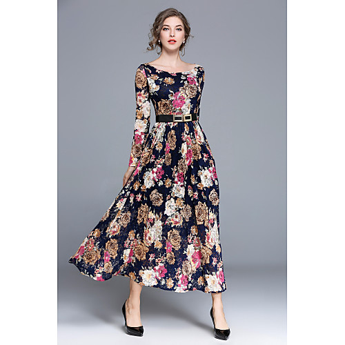 

Women's A Line Dress Maxi long Dress Black Long Sleeve Floral Boat Neck Casual Boho Party Lace S M L XL XXL / High Waist