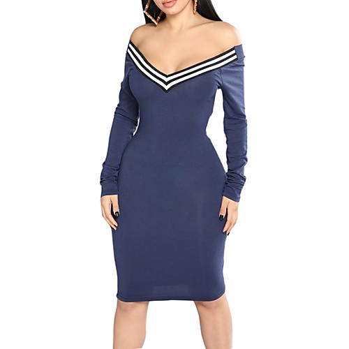 

Women's Bodycon Knee Length Dress Blue Gray Black Red Long Sleeve Striped Color Block Backless Fall Spring Deep V Casual Club Off Shoulder S M L XL XXL