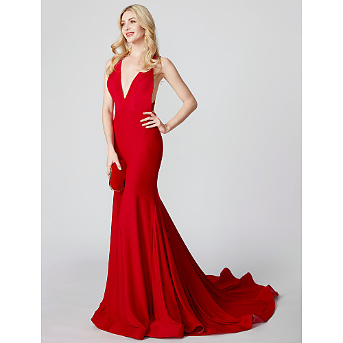 

Mermaid / Trumpet Holiday Cocktail Party Formal Evening Dress V Neck Sleeveless Court Train Jersey with Pleats 2021