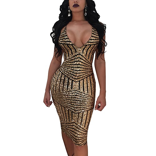 

Women's Bodycon Knee Length Dress Gold Green Sleeveless Color Block Sequin Backless Slim Fall Summer Halter Neck Slim Lace up S M L XL XXL / High Waist / Sequins / Sexy