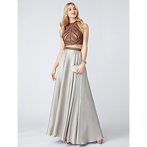 

Ball Gown Two Piece Beaded & Sequin Holiday Cocktail Party Prom Dress High Neck Sleeveless Sweep / Brush Train Chiffon with Crystals Beading 2021