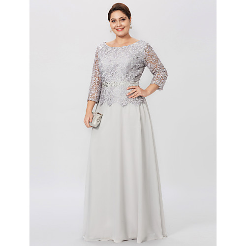 

Sheath / Column Mother of the Bride Dress Plus Size Elegant Jewel Neck Floor Length Chiffon Corded Lace 3/4 Length Sleeve with Lace 2021