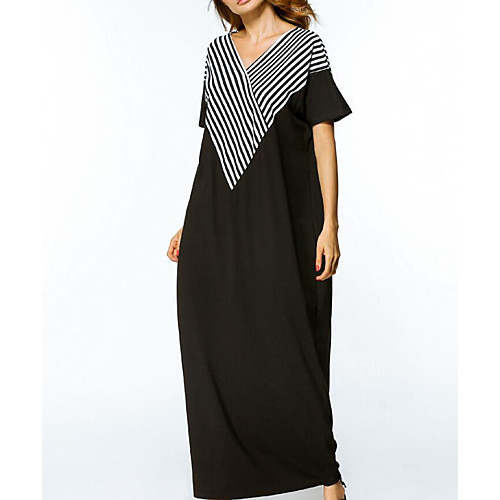 

Women's Loose Maxi long Dress Black Short Sleeve Striped Fall V Neck Going out Oversized M L XL XXL