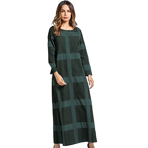 

Women's Tunic Maxi long Dress Green Long Sleeve Plaid All Seasons Round Neck Plaid M L XL XXL / Cotton / Cotton
