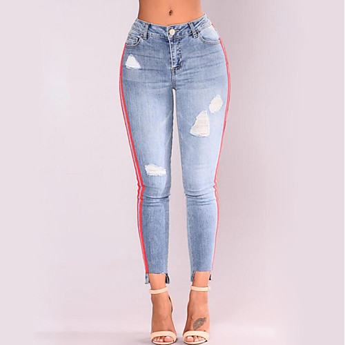 

Women's Street chic Plus Size Casual / Daily Cotton Skinny Pants - Color Block Hole Light Blue S / M / L