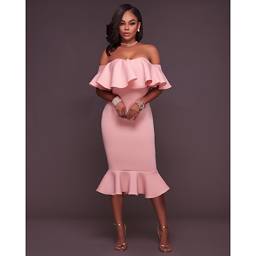 

Women's Bodycon Knee Length Dress Yellow Blushing Pink Fuchsia White Black Short Sleeve Solid Colored Ruffle Summer Off Shoulder Sophisticated Skinny Off Shoulder S M L XL / Sexy