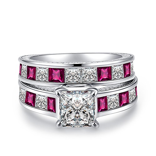 

Women's Band Ring Cubic Zirconia Two-piece Suit Fuchsia Zircon Silver Geometric Four Prongs Classic Vintage Fashion Wedding Daily Jewelry Halo