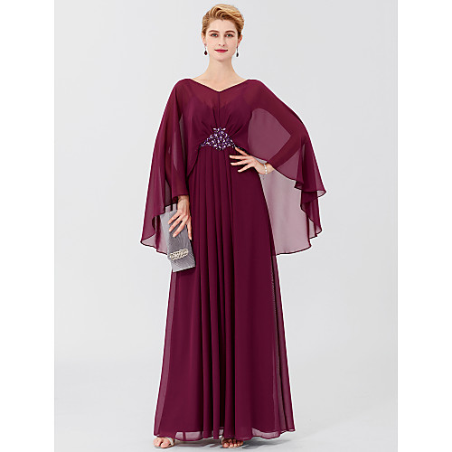 

Sheath / Column Mother of the Bride Dress Classic & Timeless Elegant & Luxurious Elegant V Neck Floor Length Chiffon Long Sleeve with Pleats Beading 2021 / Butterfly Sleeve