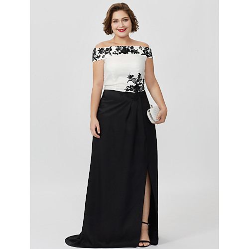 

Sheath / Column Mother of the Bride Dress Chic & Modern Glamorous & Dramatic Color Block Off Shoulder Sweep / Brush Train Floor Length Stretch Satin Short Sleeve with Split Front 2021