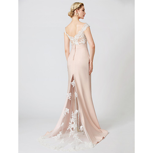 

Mermaid / Trumpet Elegant & Luxurious Prom Formal Evening Dress Off Shoulder Short Sleeve Sweep / Brush Train Satin Floral Lace with Appliques 2021