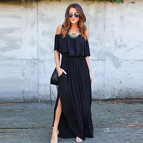 

Women's Sheath Dress Maxi long Dress Blue Blushing Pink Black Short Sleeve Black Dusty Rose Solid Colored Boat Neck Streetwear Work Off Shoulder S M L XL / Cotton / Cotton