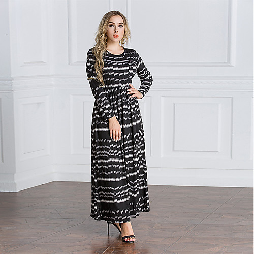 

Women's Swing Dress Maxi long Dress Black Long Sleeve Color Block Spring & Fall Round Neck Party S M L XL XXL 3XL 4XL 5XL 6XL / Plus Size / Plus Size