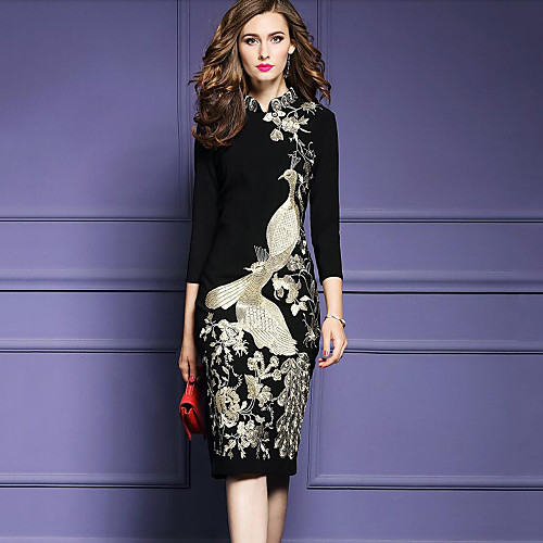 

Women's Bodycon Knee Length Dress Black 3/4 Length Sleeve Embroidered Fall Stand Collar Streetwear Party Slim S M L XL XXL 3XL / Plus Size / Plus Size