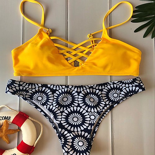 

Women's Tankini Swimsuit Color Block Yellow Red Swimwear Bathing Suits