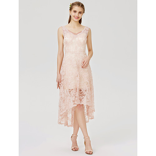 

Ball Gown / A-Line Strap Asymmetrical All Over Lace Bridesmaid Dress with Pleats / Appliques / See Through