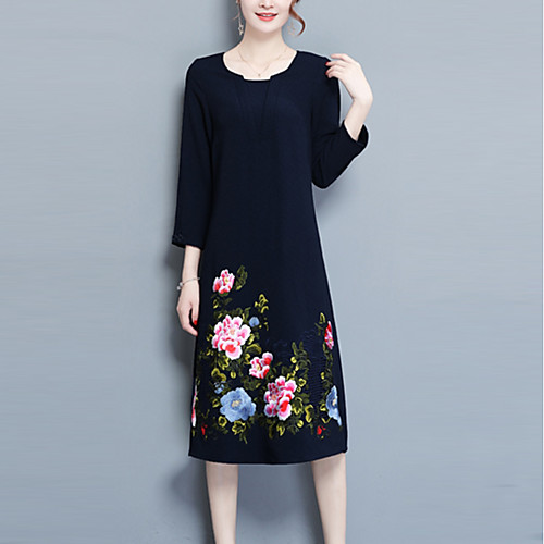 

Women's Shift Dress Knee Length Dress Blue 3/4 Length Sleeve Floral Embroidered Fall Spring Round Neck Sophisticated Loose M L XL XXL 3XL 4XL / Plus Size / Plus Size