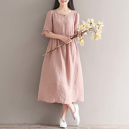 

Women's A Line Dress Midi Dress Blushing Pink Short Sleeve Dusty Rose Solid Colored Summer Round Neck Active M L XL XXL / Cotton / Cotton