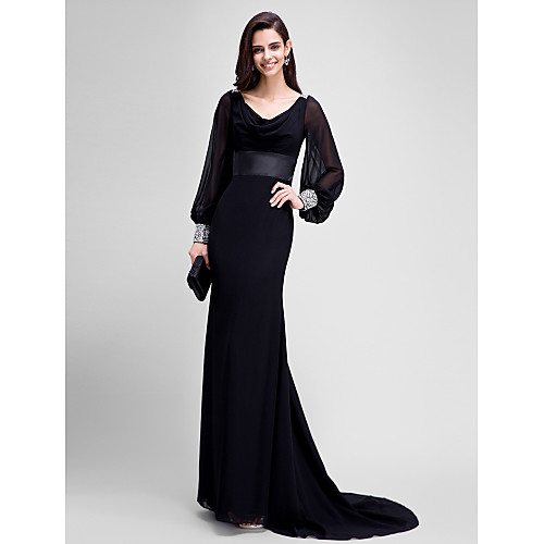 

Mermaid / Trumpet Formal Evening Dress Cowl Neck Long Sleeve Court Train Georgette with Sash / Ribbon Beading 2021