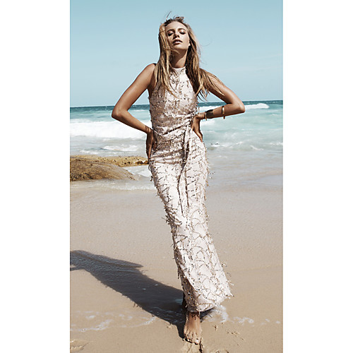 

Women's Bodycon Maxi long Dress Gold Sleeveless Solid Colored Summer Halter Neck Slim Sequins S M L XL / Sexy