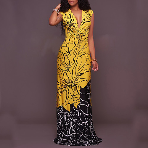 

Women's Bodycon Maxi long Dress Yellow Sleeveless Sexy Lady Color Block Retro Spring Summer Deep V Boho Holiday Beach Slim S M L XL