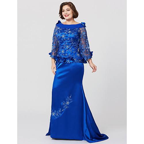 

Mermaid / Trumpet Mother of the Bride Dress Plus Size Elegant Bateau Neck Sweep / Brush Train Lace Over Charmeuse Long Sleeve with Pleats Ruffles 2021