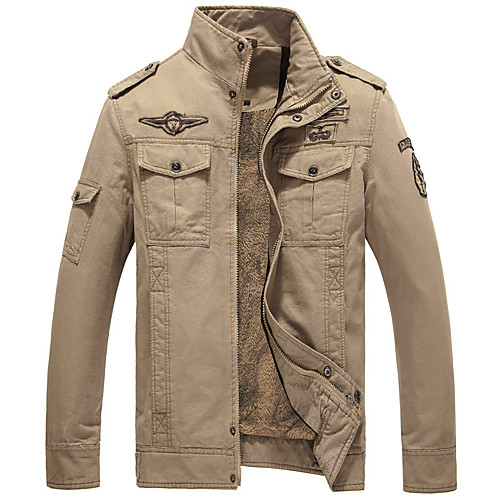

Men's Jacket Daily Fall Winter Short Coat Shirt Collar Slim Military Jacket Long Sleeve Solid Colored Army Green Khaki / Cotton