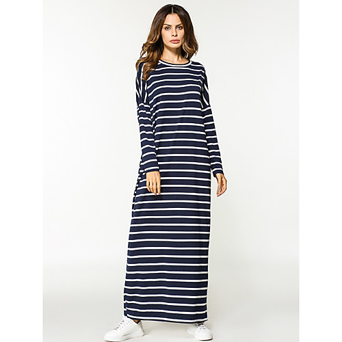 

Women's Sheath Dress Maxi long Dress Navy Blue Long Sleeve Striped Round Neck M L XL XXL / Cotton / Cotton