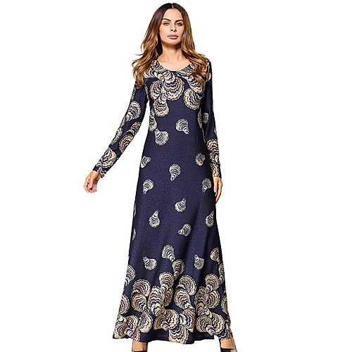 

Women's Tunic Maxi long Dress Navy Blue Long Sleeve Floral Solid Colored All Seasons Round Neck Loose M L XL XXL