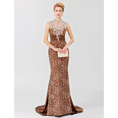 

Mermaid / Trumpet Mother of the Bride Dress Classic & Timeless Elegant & Luxurious Beautiful Back High Neck Court Train Satin Sleeveless with Sash / Ribbon Appliques 2021