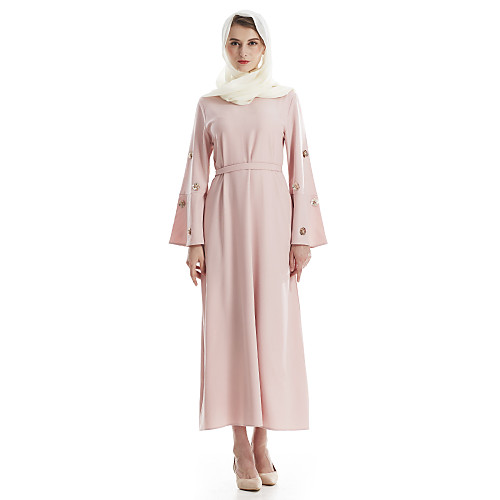 

Women's Jalabiya Maxi long Dress Blushing Pink Long Sleeve Dusty Rose Solid Colored Sequins Flower Fall Spring Round Neck Boho Flare Cuff Sleeve M L XXL / High Waist