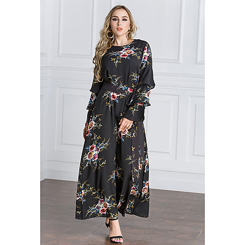 

Women's Swing Dress Maxi long Dress Black Long Sleeve Floral Print Spring & Fall Round Neck Floral M L XL XXL 3XL 4XL 5XL 6XL 7XL / Plus Size / Plus Size