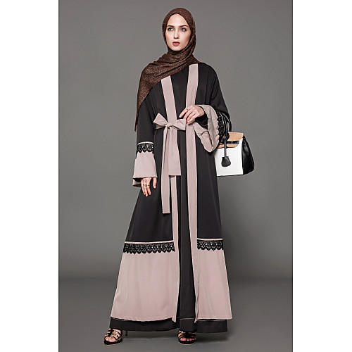

Women's Abaya Maxi long Dress Light Brown Long Sleeve Solid Colored Color Block Lace Fall Round Neck Party S M L XL XXL 3XL 4XL 5XL / Plus Size / Plus Size