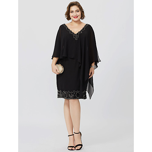 

Sheath / Column Mother of the Bride Dress Classic & Timeless Elegant & Luxurious Plus Size V Neck Knee Length Chiffon Sleeveless with Crystals Beading 2021