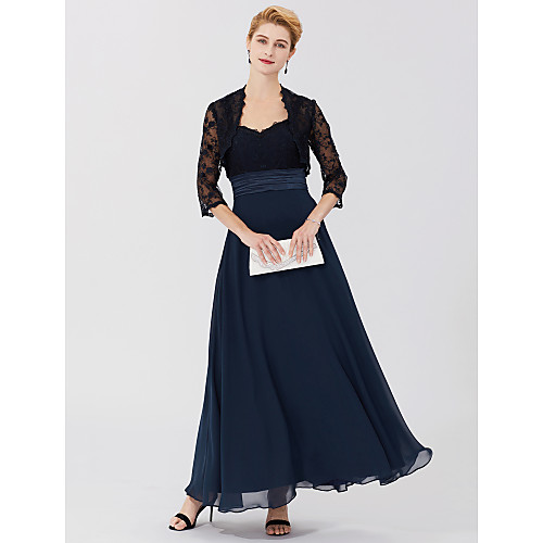 

Two Piece Ball Gown A-Line Mother of the Bride Dress Plus Size Elegant Straps Ankle Length Chiffon Sheer Lace Sleeveless with Sash / Ribbon 2021 / Illusion Sleeve