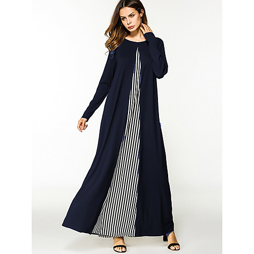 

Women's Tunic Maxi long Dress Navy Blue Long Sleeve Color Block All Seasons Round Neck M L XL XXL