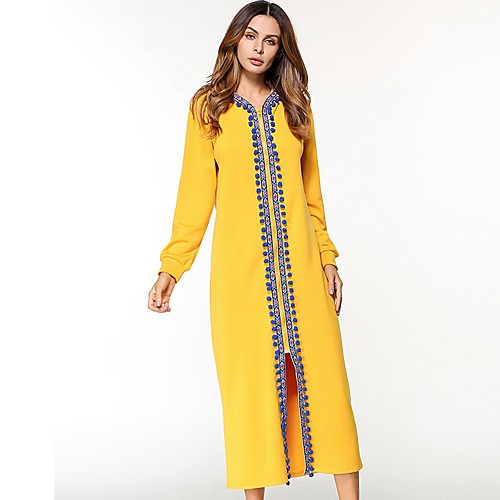 

Women's Tunic Maxi long Dress Yellow Long Sleeve Solid Colored All Seasons Round Neck M L XL XXL / Cotton / Cotton