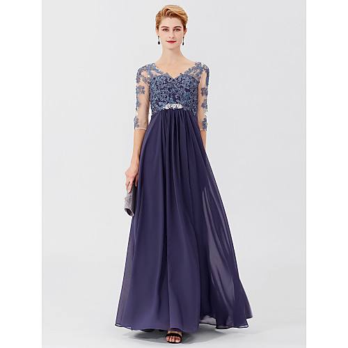 

Ball Gown A-Line Mother of the Bride Dress Plus Size Elegant V Neck Floor Length Chiffon Sheer Lace 3/4 Length Sleeve with Crystals Appliques 2021