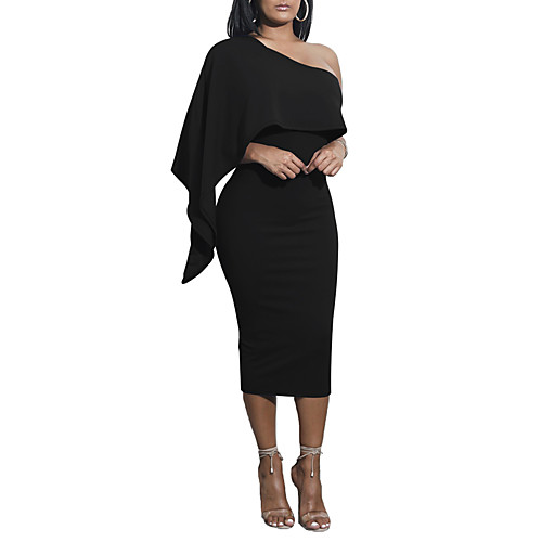 

Women's Bodycon Midi Dress Wine Army Green Royal Blue White Black Navy Blue Long Sleeve Black Solid Colored Backless Ruffle Fall Summer One Shoulder Club Slim S M L XL